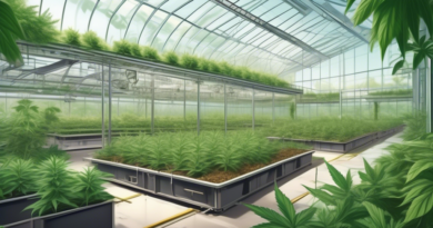 A highly detailed illustration of a modern cannabis cultivation facility surrounded by lush green plants under an expansive glass roof. Inside, various pie