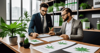 A modern, clean office setting with a well-dressed cannabis consultant discussing a business plan with a client. On the desk are documents labeled Professi