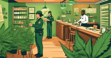 A detailed and professional illustration depicting a cannabis dispensary with visual elements representing security and protection, such as a shield and le