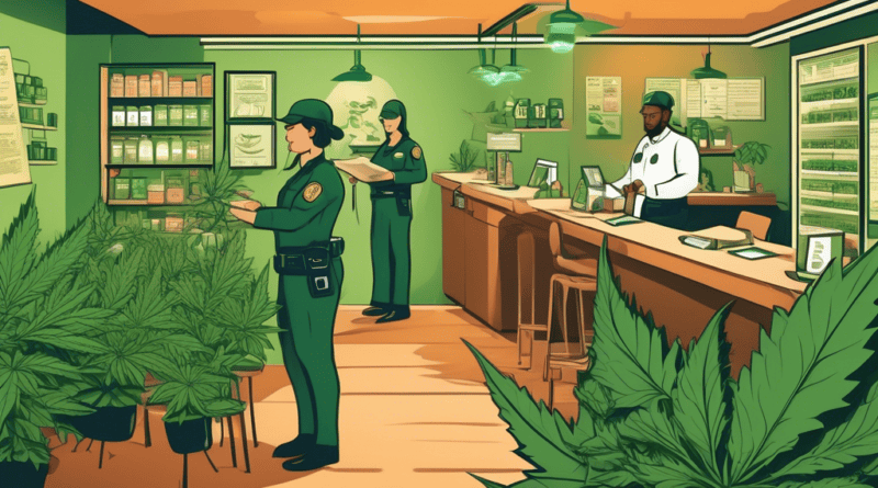 A detailed and professional illustration depicting a cannabis dispensary with visual elements representing security and protection, such as a shield and le