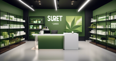 Create an image of a modern cannabis dispensary with clear branding, where a professional-looking figure holds a document labeled Surety Bond. The backgrou