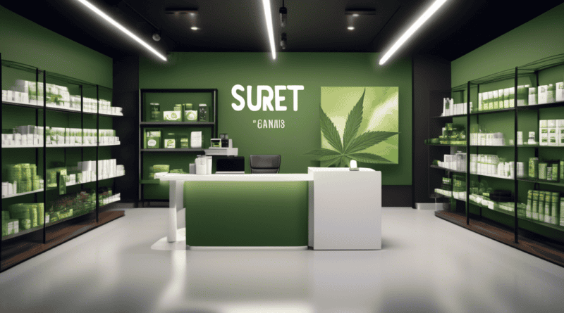 Create an image of a modern cannabis dispensary with clear branding, where a professional-looking figure holds a document labeled Surety Bond. The backgrou