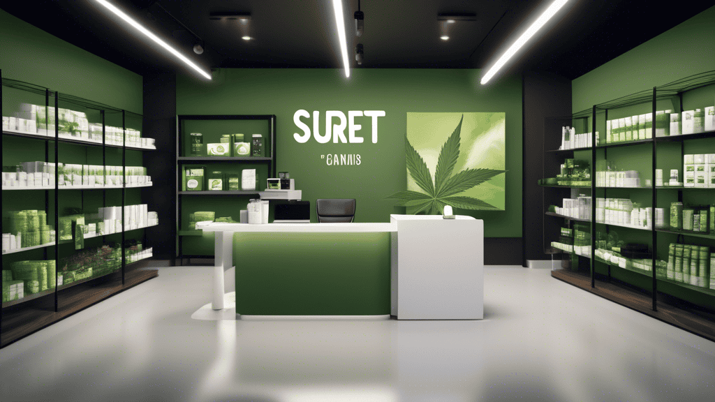 Create an image of a modern cannabis dispensary with clear branding, where a professional-looking figure holds a document labeled Surety Bond. The backgrou